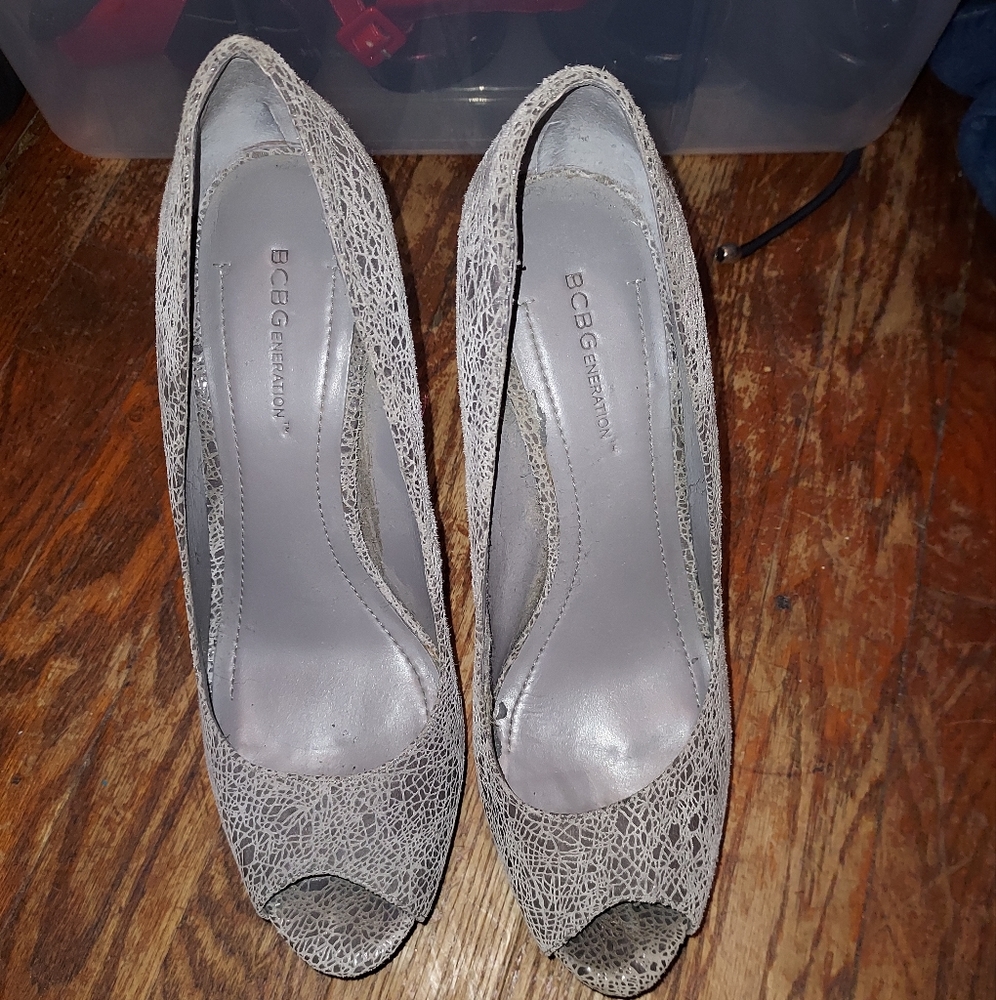 BCBG peep toe gray heels size 10